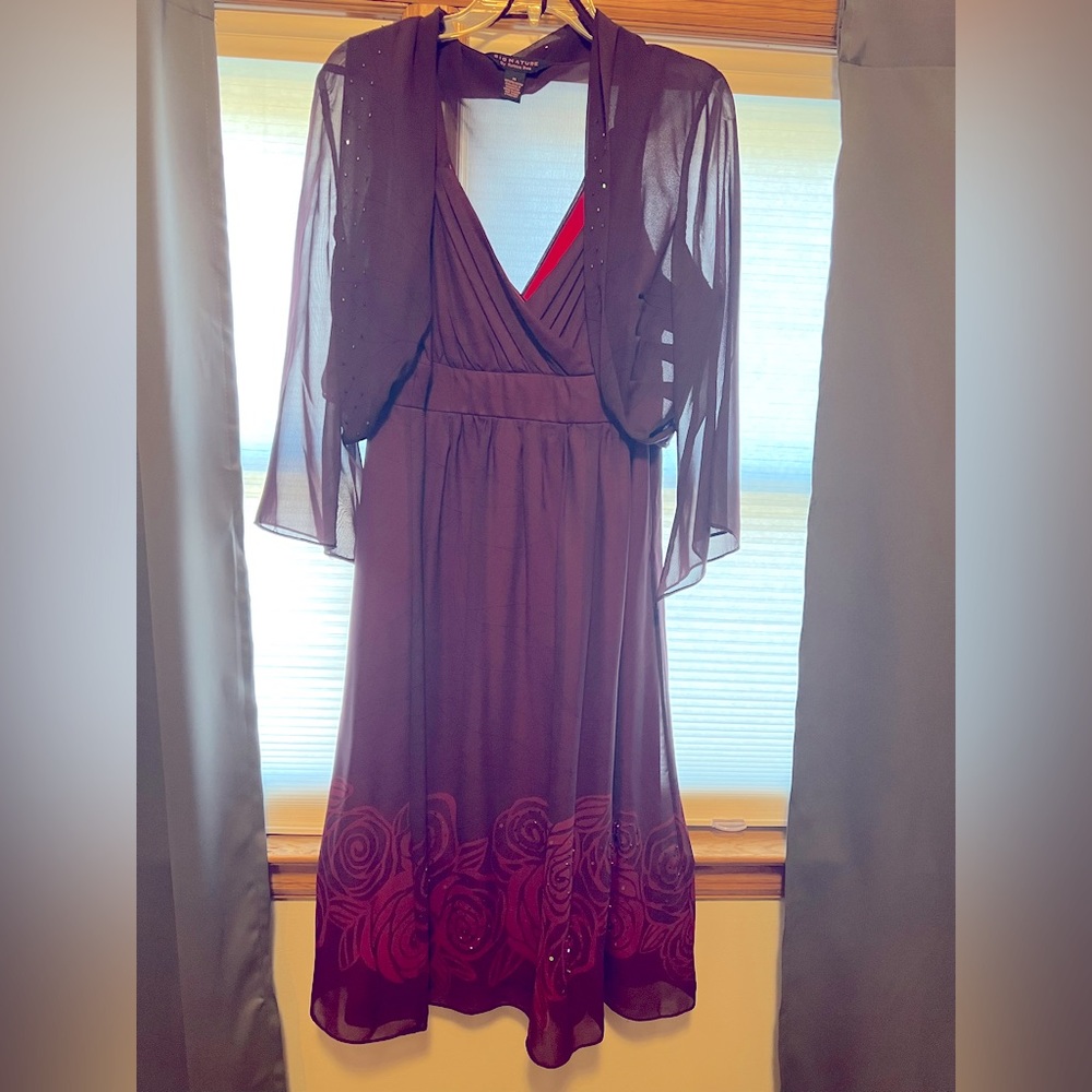 Cranberry cocktail party dress w sheer jacket roses and beads details valentines